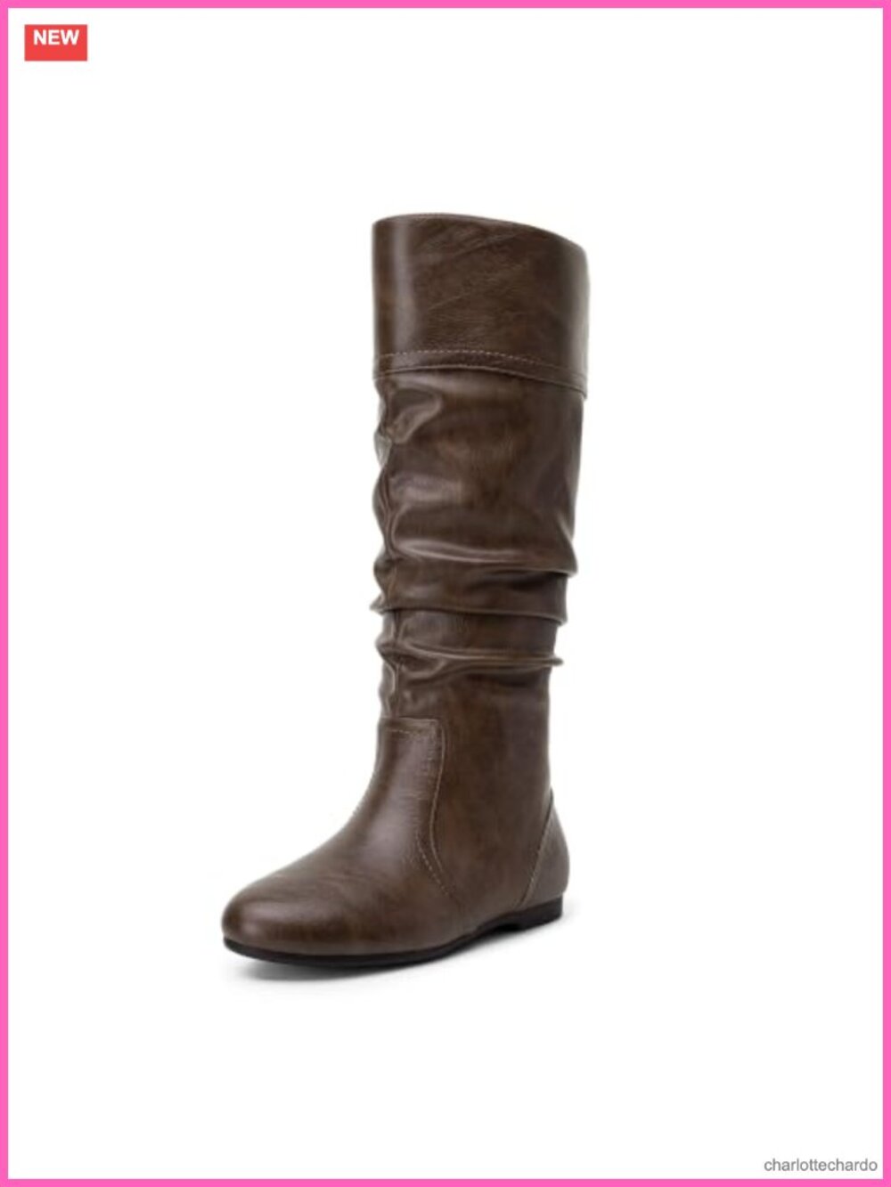 Women's Knee High Slouchy Faux Leather Flat Boots with Side Zip